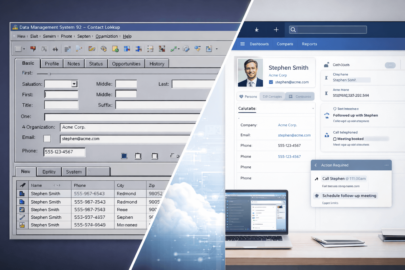 Legacy software interface contrasted with modern design, illustrating decades of accumulated complexity