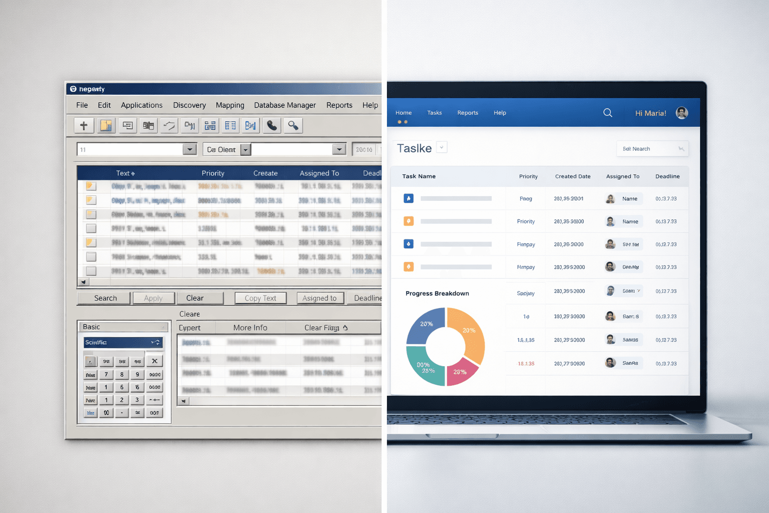 Legacy spreadsheet-style interface versus modern task management with visual progress tracking