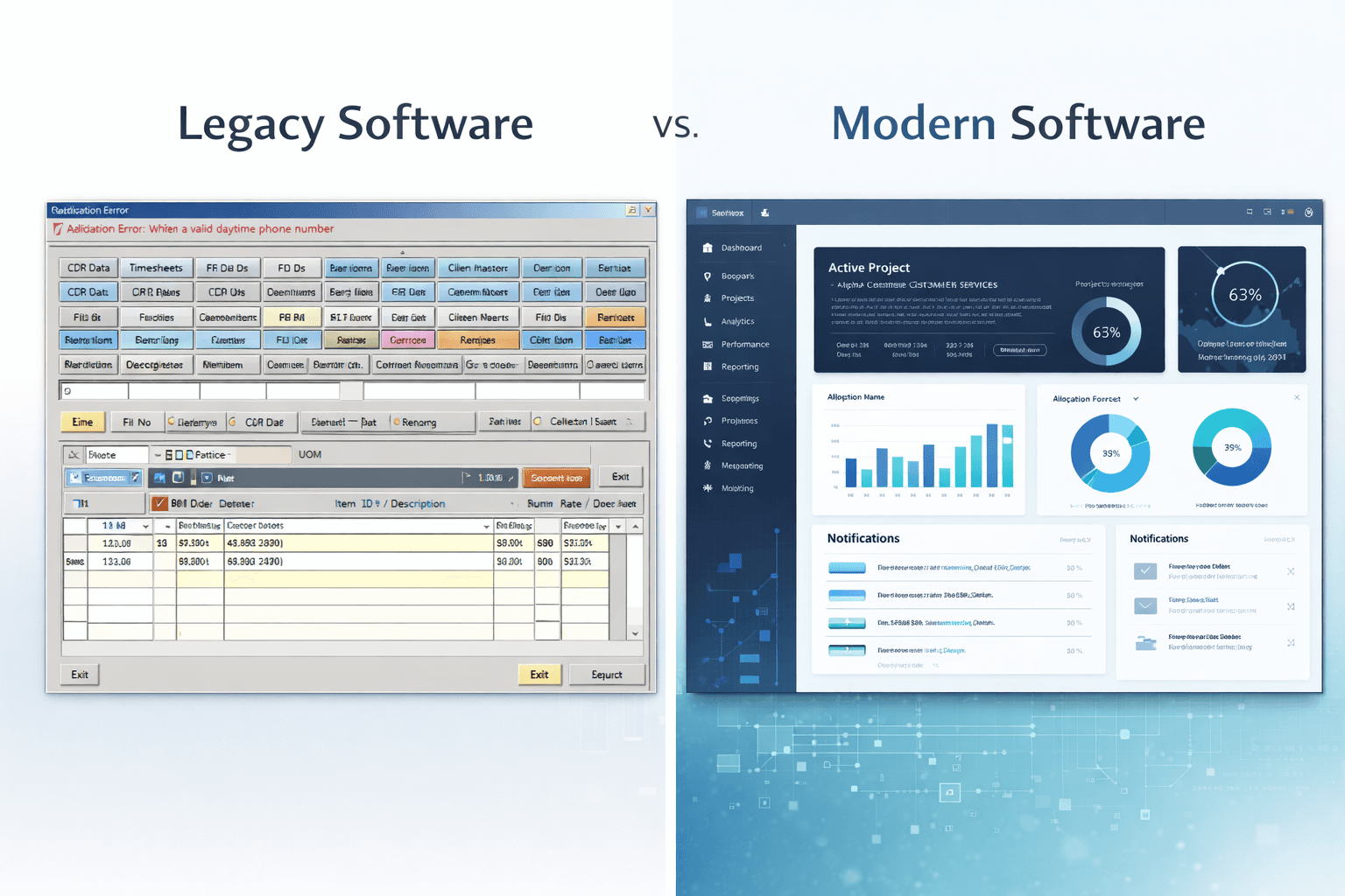 Side-by-side comparison of legacy enterprise software with cluttered interface versus clean modern dashboard